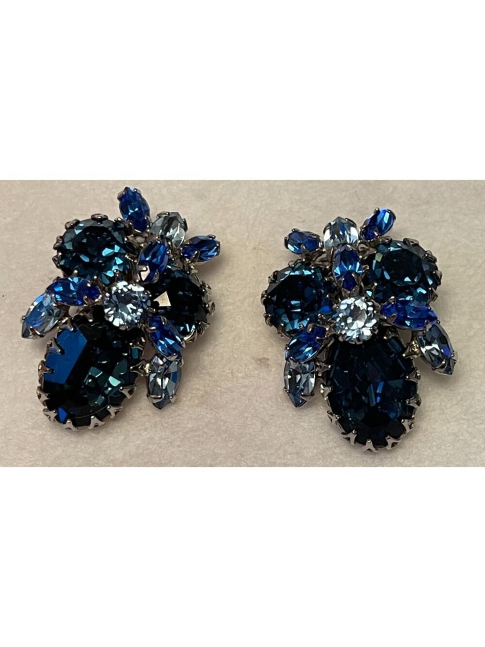 Vtg Ben Reig Blue Glass Clip-On Earrings Schreiner Era Designer Jewelry